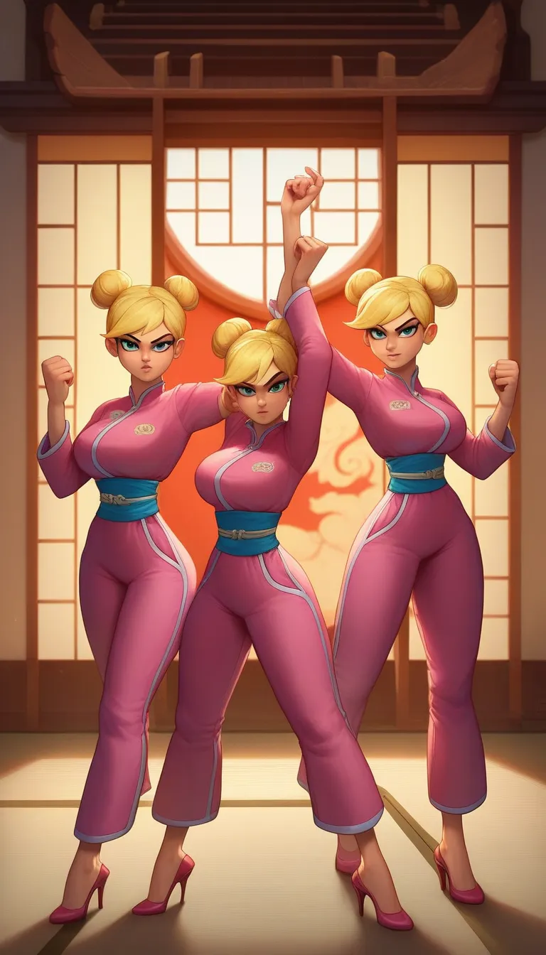 lola loud, 3girl, trio, 24yo girl, large breasts, pink cheongsam,  inside of a chinese temple, looking at viewer, blonde hair, two hair buns , hands  score_9, score_8_up, score_7_up, high heels, teep fighting stance,martial arts, triplets, long pants, pant...