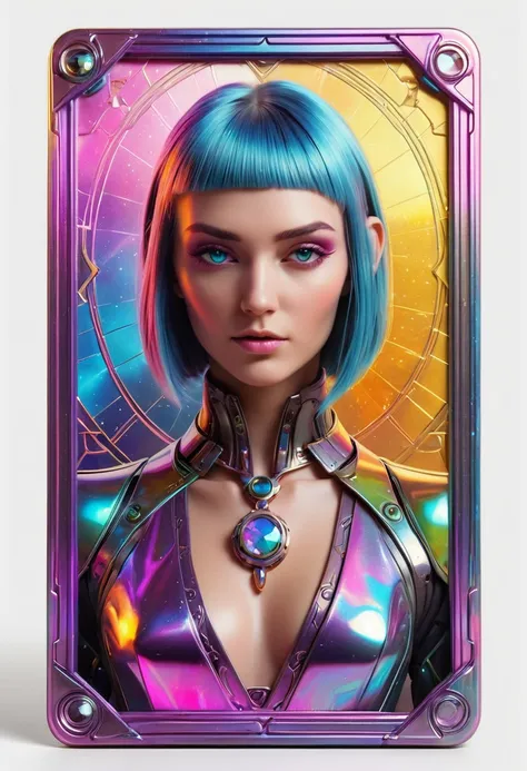 a close up of a colorful cyberpunk style tarot card frame. no text, laced with cybernetic, metallic paint stroke, holographic, holographic metal. (masterpiece, realistic, 3d, 8k), on a white background. no characters. empty center of frame. no round gems.