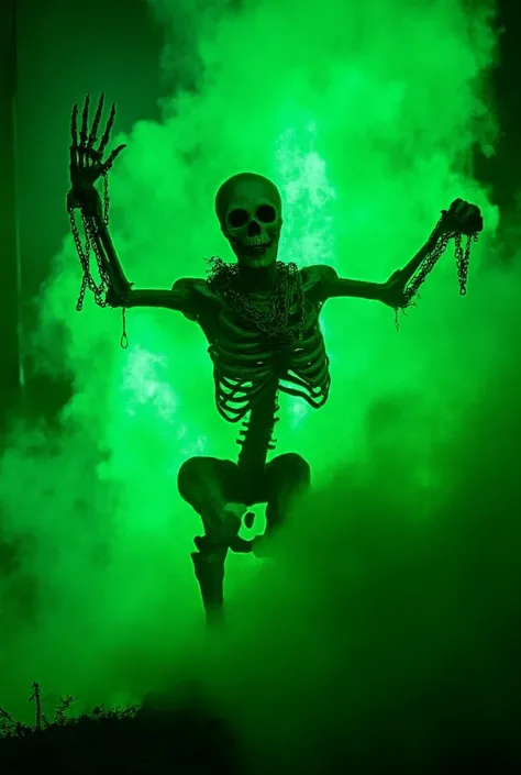 A skeleton in a green fire and chains shows rocker greetings