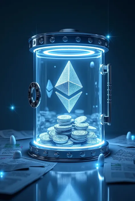 A transparent vault filled with Ethereum, surrounded by financial reports and glowing light representing transparency. Digital art, trending on artstation