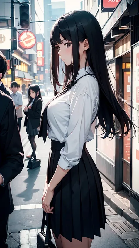 A realistic photograph of a Japanese high school girl with long, straight black hair, wearing a traditional school uniform with a dark pleated skirt and a light blouse, standing in a bustling urban street. She has a calm and introspective expression, gazin...