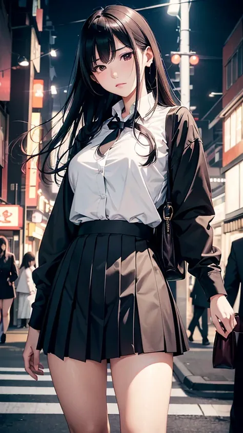 A realistic photograph of a Japanese high school girl with long, straight black hair, wearing a traditional school uniform with a dark pleated skirt and a light blouse, standing in a bustling urban street. She has a calm and introspective expression, gazin...