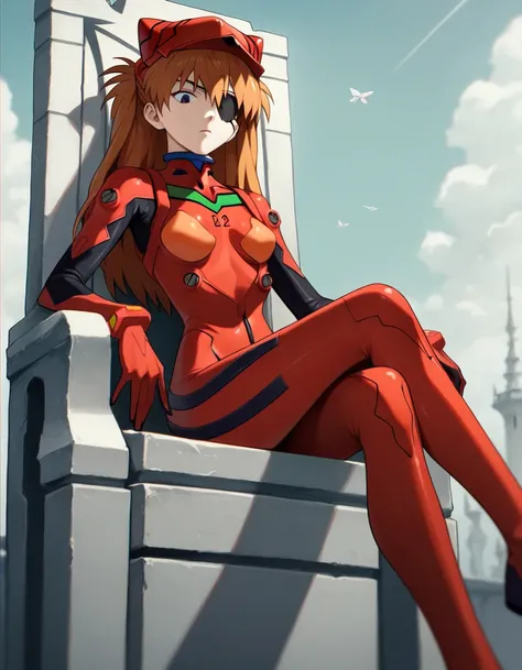 1girl, souryuu asuka langley, neon genesis evangelion, rebuild of evangelion, lance of longinus, cat hat, plugsuit, pilot suit, red bodysuit, sitting, crossed legs, black eye patch, throne, looking down, from bottom, looking at viewer, outdoors, masterpiec...