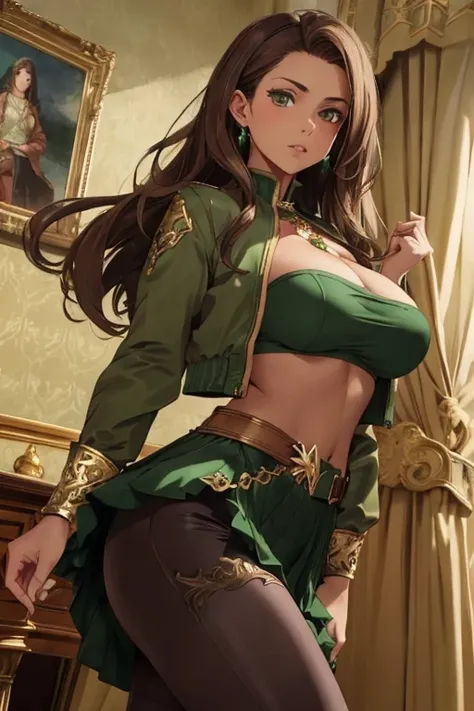 (best quality)), ((masterpiece)), (detailed), 1girl, brown hair, green eyes, regal, fit, big breasts, powerful, cropped jacket, skirt, sliver amulet with Emerald gem, leggings, shoes, green clothing with gold lining, seductive, pouty, aroused, Dark skin