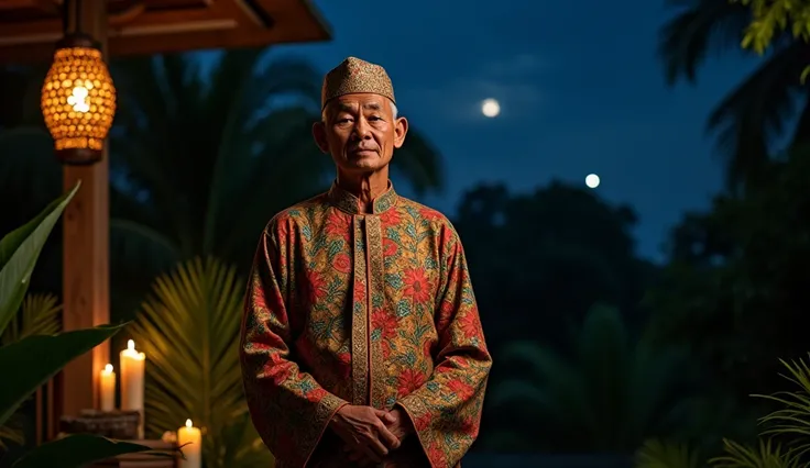 Sabah traditions. A man in traditional clothes. night time.