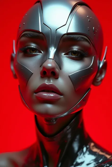 a close up of a person with a metal head and a red background, style of hajime sorayama, hajime sorayama style, sorayama, futuristic tetsuo, thierry mugler, by hajime sorayama, shin megami, sorayama. occult art, hajime sorayama designed girl, guyver style,...