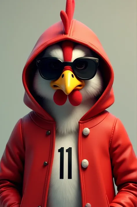 A chicken in a red hooded jacket with the number 11 on the front and dark glasses 