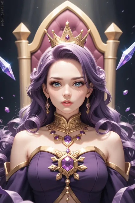 Create a majestic D&D-inspired queen, a powerful woman with an aura of grace and authority. She has wavy, flowing hair cascading down her shoulders, giving her a timeless elegance. Her eyes are a warm, rich brown that sparkle with wisdom and kindness, addi...