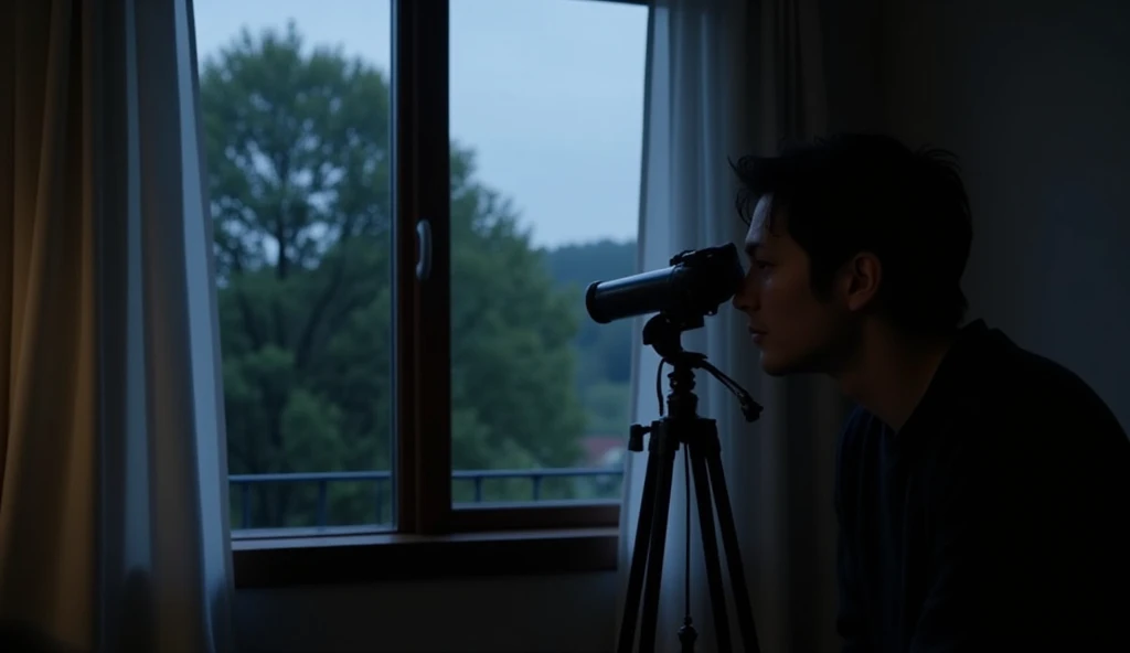 Shot from outside the window to a man holding a telescope inside the window ，A man who grew up like the movie star Henry Cavill，25 years old， black hair ，A little bit of scum，Wearing black sweatshirt，A little depressed。 He looks at the opposite side with a...