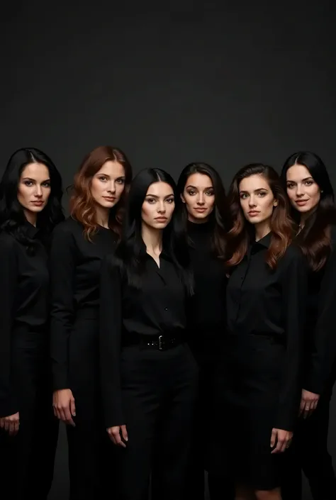 photo of 6 women long range shot, wearing all black clothes. 2 women with long black hair, with serious expressions. 2 women with black hair, with smiling expressions. 2 women with brown hair with cheerful expressions