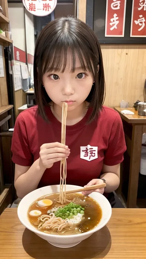 At a ramen shop,With no expression,Silence々 and uses chopsticks to fill her mouth full of ramen, super pretty high school girl , looks a little angry ,Very comical ,