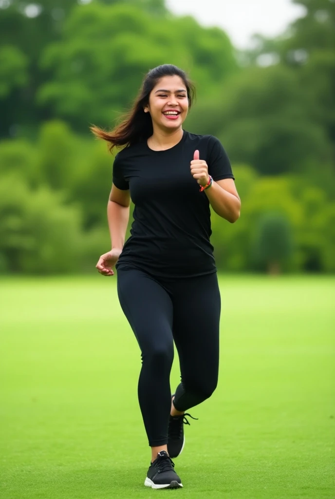 Absolutely real HD quality image of a 25 years old beautiful pretty gorgeous  , some plumby-fit ,indian college girl wearing black tshirt pant and shoes is doing exercise in the green sports field in happy mood 