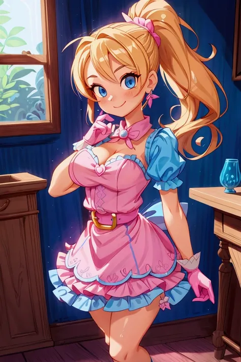 Masterpiece, best quality, 1 girl, Piper from Brawl Stars, blonde long hair, ponytail in hair, blue eyes, standing indoors with intricate details and sunlight. Blue frilled dress with short neckline, pink gloves, pink belt, earrings, blue heels. Sweet smil...