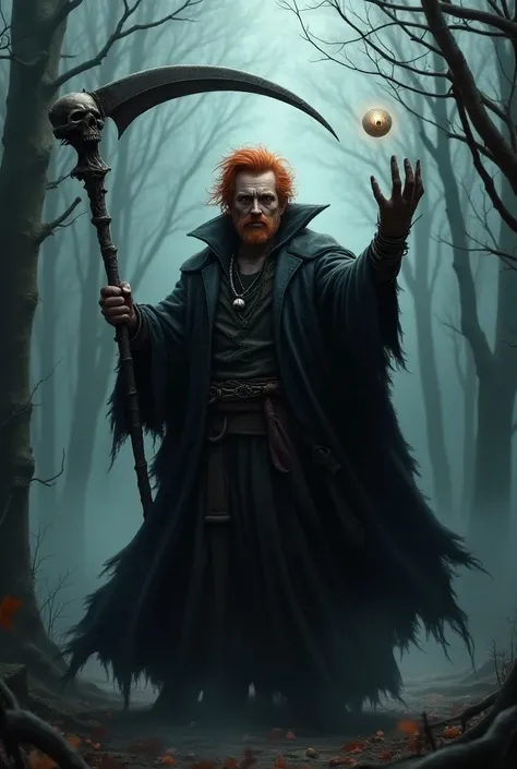 mid 40 year old, male, messy red hair, no beard, Black cloak, holding a one handed scythe, Scythe has a skull on top, skull on top of Scythe holding a cane with an eyeball orb, traveling clothes, dark woods in winter, casting spell, serious look on face, b...