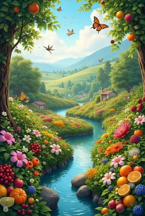 Create a beautiful garden full of different kinds of fruits, animals and stream of water