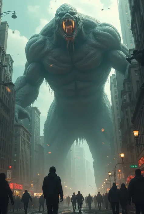 A scary large monster is coming in a city people watching it and afraid of it