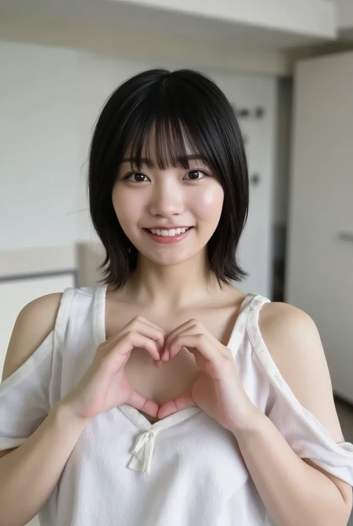 Only one woman with a cute smile wears cute, fluffy off-shoulder pajamas, makes a big heart shape with both hands, and poses them in front of her chest, View above collarbone、The background is a monotone 

