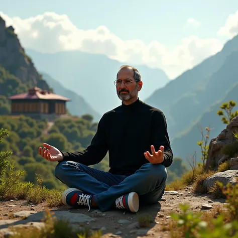 Genrate a highly realistic image of apples co- founder Steve jobs  meditating in Mountains of india while a ashram (meditation place) visible in background .clear bright sky and Steve jobs should be in his common getup. It should feel organic and natural.