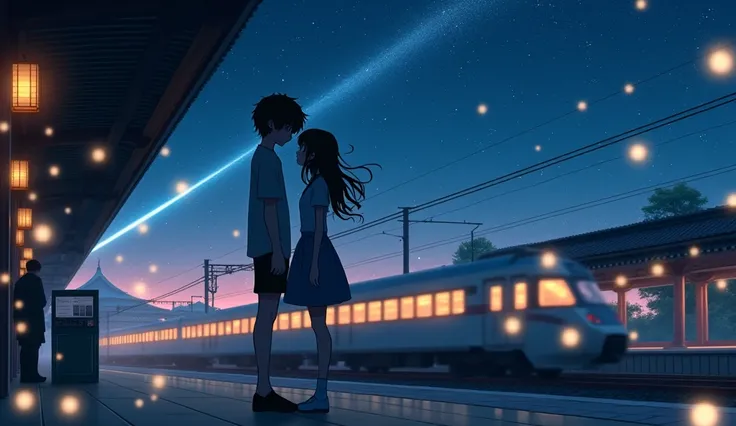 Under the Stars, a boy and a girl , The ,  a bullet train is passing by ,  his hair is blowing in the wind ,  fireflies sitting at a train station in Japan are flying through the air .  picture of sitting at a train station in Japan should make people feel...