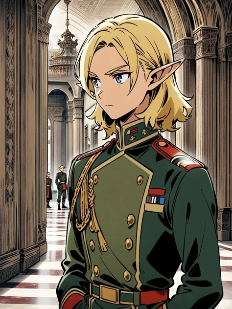 {{upper body body}} {{Artist: kubo tite}} 1boy, elf, toned male, medium hair, blonde hair, military dress uniform, standing, hand in pocket, indoor, palace, hallway, looking to the side, kubo tite (style).