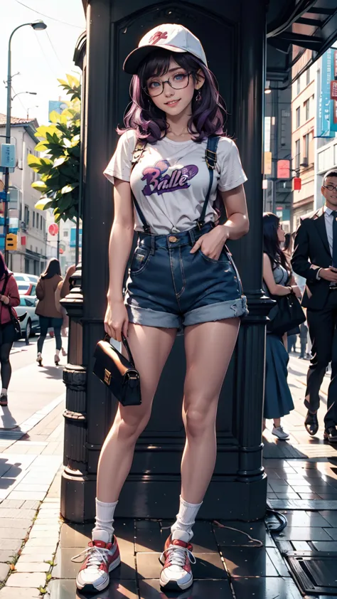 dr. slump arale-chan、akira toriyama、norimaki arale 、 black rimmed glasses 、 purple hair、long hair、 overalls、white handbag、 sneak...