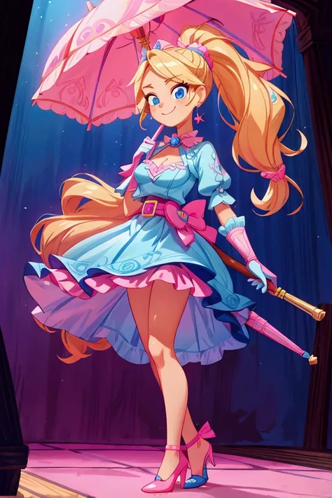 Masterpiece, best quality, 1 girl, Piper from Brawl Stars, blonde long hair, ponytail in hair, blue eyes, standing indoors with intricate details and sunlight. Blue frilled dress with short neckline, pink gloves, pink belt, earrings, pink umbrella, blue he...