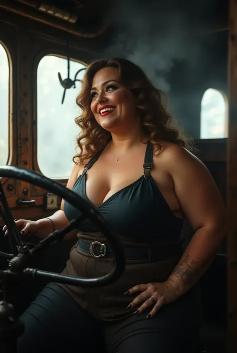 Old steam locomotive .  woman as engine driver in the locomotive . Mature woman. Sexy Woman. curvy woman.  soot smudged face. She laughs.  blue eyes. Red lips. 