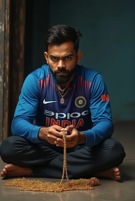 Vurat kohli wear indian  jersey and  sit on floor and selling gold chain
