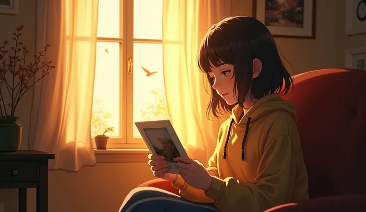 Visual Description:* Morning sunlight pours into a cozy room where one character sits, lost in thought, looking at a photograph. Rays of light create a warm, golden glow in the room, casting shadows. The character’s expression is one of fondness and nostal...