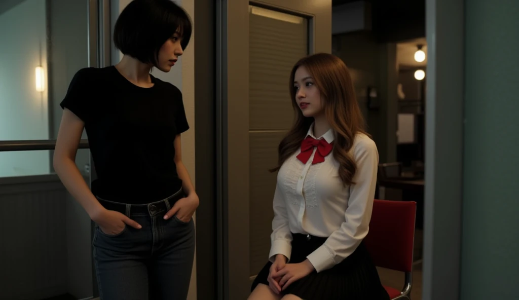 HD，8k quality， A 25-year-old young girl ， looks like a movie star Harumi Sato，Looks sharp and mean ，Wearing a black shirt ，jeans， short black hair 。 standing in the room reproaching the opposite girl ， is an 18-year-old young girl with double ponytails，Loo...