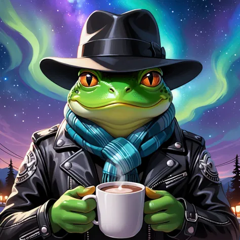 Closeup, an extremely badass anthropomorphic light blue and white bullfrog wearing an insanely cool black leather biker jacket open, black fedora, black leather biker gloves, warm scarf, holding a warm cup of hot chocolate enveloped in contentment against ...