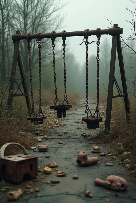 An abandoned playground ,  with toys broken and strewn among the debris.