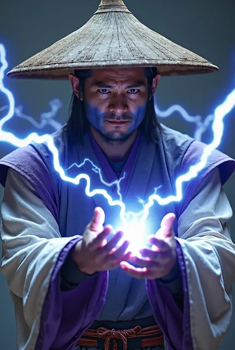   high detail  ,   Realistic, HDR,  Super clearly , ,  ,  ultra high resolution ,  High dynamic range  + The low noise level ,   Mortal Combat Raiden character Asian ,  white glowing eyes ,Casa hat on his head , has,   white and purple clothes with sleeves...