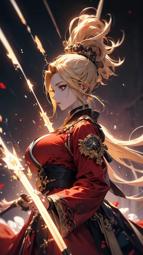 masterpiece,      high quality, 4K, Beautiful design,      silhouette    ，blonde，  ponytail，  Highly Detailed Starry Sky,        Extremely Knowledgeable Woman     , Highly detailed solo, 1 female,red eyes，Big Breasts， Red Fluffy Outfit ，