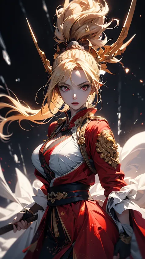 masterpiece,      high quality, 4K, Beautiful design,      silhouette    ，blonde，  ponytail，  Highly Detailed Starry Sky,        Extremely Knowledgeable Woman     , Highly detailed solo, 1 female,red eyes，Big Breasts， Red Fluffy Outfit ，