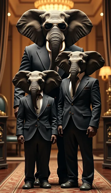 "A rich, real-looking father and son elephant duo stand side by side in an opulent, luxurious environment, exuding strength, wealth, and a dangerous presence. The father elephant, with a large, gym-built, muscular body, displays impressive, defined muscles...