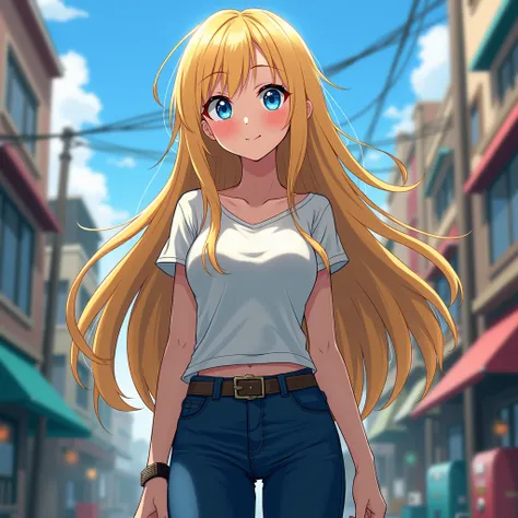 My Hero academia style oc girl with long blond hair open, Blue eyes no sexy clothes, Normal Casual Ouffit