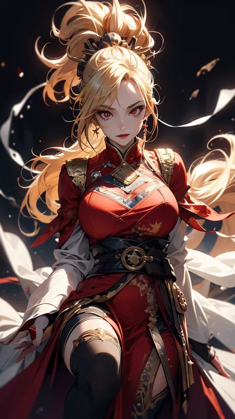 masterpiece,      high quality, 4K, Beautiful design,      silhouette    ，blonde，  ponytail， Highly detailed starry sky,        Extremely Knowledgeable Woman     , Highly detailed solo, 1 female,red eyes，Big Breasts， Outfit with red fur，