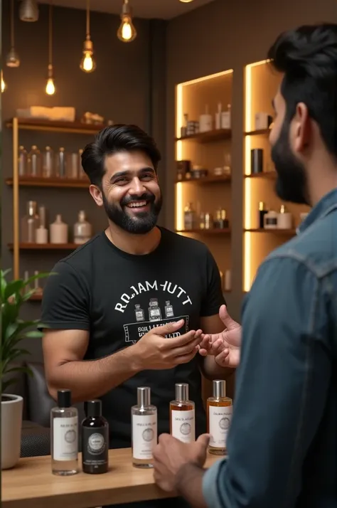 Generate a hyper-realistic image of Pakistan YouTuber Rajab Butt,

wearing his brand T-shirt (wanted by Rajab butt), skillfully shows perfumes bottle wanted by Rajab butt,

Customers buyshis perfume bottle with happy Mood,

The scene should capture fine de...