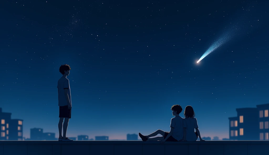 Under the Stars, A boy and a woman sit on the roof of an apartment building。  The picture is full of serenity and contemplation ，Surrounded by stars，  minimal style，With depth of field effect，HD。  The sky is dotted with countless stars , A shooting star st...