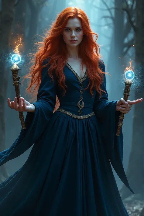 woman with long red hair, In a navy-colored dress and skirt, sticking out both hands, in one hand there is a diamond-encrusted wooden stick, in the second hand she sticks out her hand only