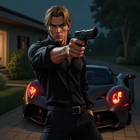 handsome young man, thesis Clara,  light brown eyes straight brown blonde hair wolf cut long cut, mobster style ,  wears a black shirt and black dress pants,  is pointing a black gun ,  in the background you can see a car  (Pagani)  in the background of a ...