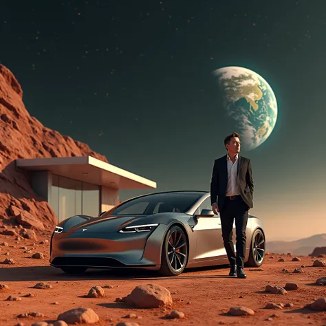 Genrate a highly realistic image of Elon Musk getting in, in his tesla car which is parked outside his house on mars planet while earth is visible in background 