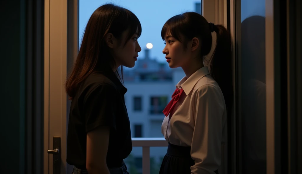 HD，8k quality， A 25-year-old young girl ， looks like a movie star Harumi Sato，Looks sharp and mean ，Wearing a black shirt ，jeans， short black hair 。 standing in the room reproaching the opposite girl ， is an 18-year-old young girl with double ponytails，Loo...