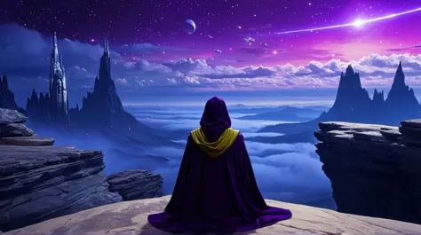 arcan3styl3v1, masterpiece, highcontrast, A jedi master with a yellow (old  ragged, hood, cape) sitting on rock meditating, top of the mountain, clouds, top view,  star wars landscape.  Blue and purple cloths, night time, space, stars, various moons, and p...