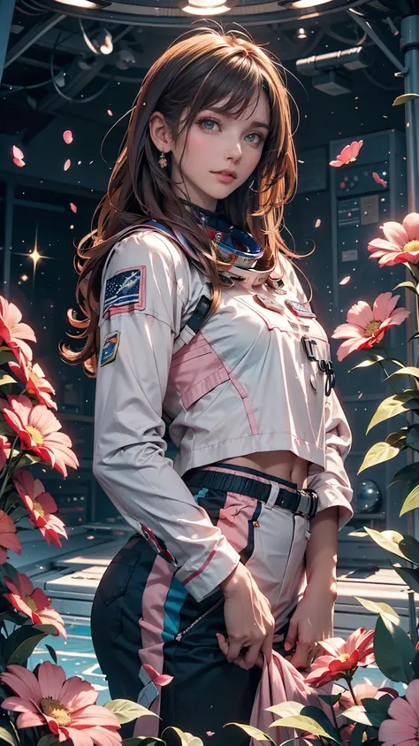 Astronaut walks through a sea of flowers dotted with pink clouds，Lonely Astronaut，Astronauts cannot leave this planet，The astronaut is lost in the infinite universe.