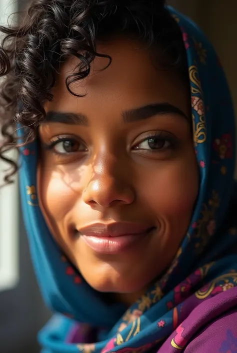 A close-up portrait of a beautiful Somali girl with smooth, deep brown skin, and expressive almond-shaped eyes. She has a warm, gentle smile, and her black, curly hair is partially covered by a colorful, traditional hijab in vibrant shades of blue and purp...