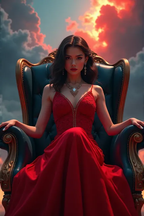 Beautiful young woman in red dress, a leader sitting in a boss chair, background is red and blue clouds with thunderstorms