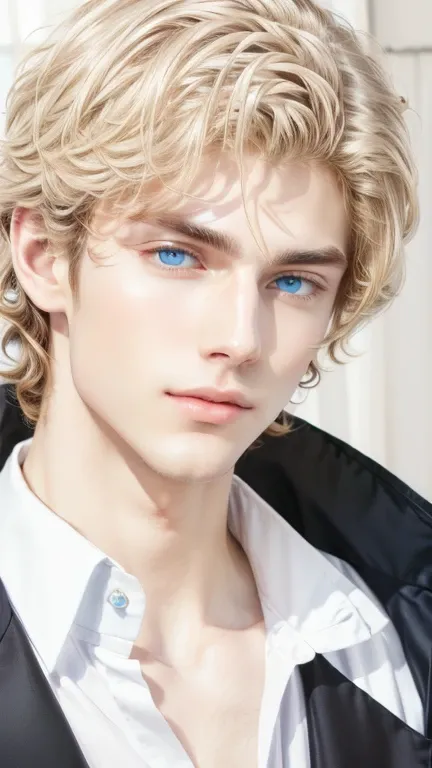  a man  and a white shirt, anime handsome man, tall  guy with blue eyes, delicate androgynous prince, beautiful androgynous prince, handsome prince 