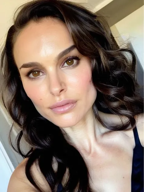 Soft natural diffuse lighting, Instagram selfie of a woman with beautiful wavy hair, natxportman,  older middle aged woman, slight wrinkly face. wide chiseled jawline, big lips, very huge breasts. pointy nose. shiny hair. thick long black hair.  high deep ...